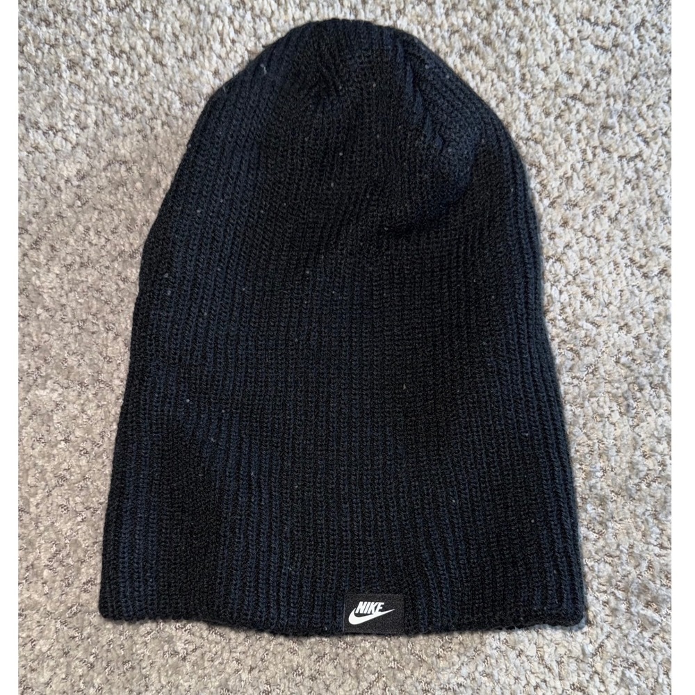 Nike Sportswear Ribbed Knit Beanie Hat Black Woven Logo Tab Slouchy Skully